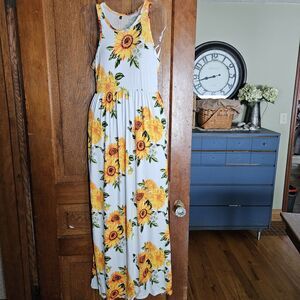 NWT Sunflower Floral Button-Front Maxi Dress Women’s S Elastic Waist Casual Sun